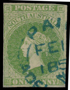 1856-58 Adelaide Printings 1d deep yellow-green SG 5, margins close to good, 'PAID/ADELAIDE GPO' cds in blue, Cat &pound;550. Ex Michael Haden.
