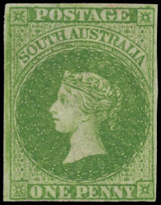 1856-58 Adelaide Printings 1d yellow-green SG 6, margins close to good, unused, Cat &pound;8500. A beautiful example of this rare stamp: only a handful of unused examples across both shades have been recorded. [Michael Blake's slightly larger example sold at th