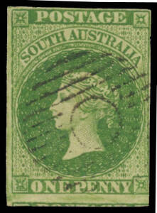1856-58 Adelaide Printings 1d yellow-green SG 6, margins just shaved - at lower-right - to huge with a fragment of the adjoining unit below, neat void cancel of the GPO, Cat &pound;650. An unusually fine example of this scarce stamp.