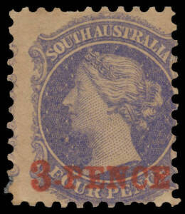 1870-71 Perf 10 '3-PENCE' in Red on 4d dull ultramarine SG 91, one short perf at the top, large-part (brown) o.g., Cat &pound;1200. A rare stamp. [Dr Donald Pearce stated in "Shilling Violet" (Dec 1991) that "discolouration of the paper...is the norm". Michael 