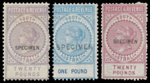 1886-96 'POSTAGE & REVENUE' Perf 10 'SPECIMEN' Overprints comprising 12mm Overprint on 2/6d 5/- 10/- &pound;10 &pound;15 & &pound;20; 17mm Overprint on 10/- &pound;1 &pound;3 &pound;4 (defective) & &pound;5; and the rare 18mm Overprint on 2/6d 5/- & &pound;1; also Perf 11&frac12;-12&frac12; &pound;20 reprint; a few proble