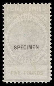 1886-96 'POSTAGE & REVENUE' Perf 10 50/- dull pink (no gum), &pound;4 lemon-yellow (no gum) & &pound;5 grey (large-part o.g.) each with 12&frac12;x2mm 'SPECIMEN' Overprint, Cat &pound;1200 for a set of 14.&nbsp;