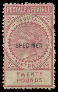 1886-96 'POSTAGE & REVENUE' Perf 11&frac12;-12&frac12; &pound;20 claret SG 208a reprint with the Watermark Inverted, 12&frac12;x2mm 'SPECIMEN' Overprint, a bit aged, large-part o.g. Ex Ed Williams: sold for $308 at the Prestige auction of 26/1/2002. [Ed Williams stated that only on