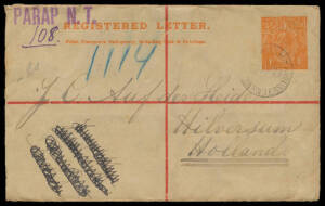 NORTHERN TERRITORY: 1920 commercial usage of KGV 4d orange Registration Envelope with red Star on Flap, to Holland with large-part '[P]ARAP/8AP20/[NORT]HERN TERRITORY' cds (ERD) - a very fine strike on the reverse - and superb 'PARAP N.T.' h/s in violet i