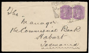 Canowie: 'CANOWIE/OC22/07/S-A' two largely very fine strikes on 2d violet pair on Tatts cover. Rated RRR. PO 1/9/1867; RO 1/2/1918; closed 12/2/1924.
