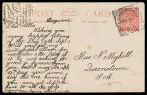 Longwood: 'LONGWOOD/SE--/--/S-A' (day slug only) very fine strike on 1d on birthday PPC, minor blemishes. Rated RRRR. PO 2/4/1898; RO 1910; PO 1/7/1927.