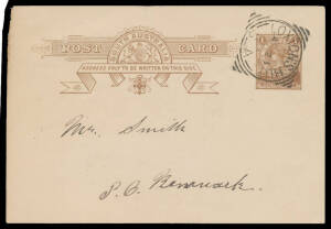 Loxton's Hut: 'LOXTON'S HUT/AU23/04/S-A' (indistinct date) very fine strike on 1d Postal Card to Renmark. Rated RRR. PO 17/11/1895; renamed Loxton 1/4/1908. [The message headed "Pyap Aug 22 1904" states "The boaring [sic] is 140 feet deep and not a supply