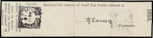 Mount Schanck (2): 'MOUNT SCHANCK/FE("12")/13/S-A' (during the RO period) largely superb strike on piece from Land Tax form signed by the postmaster "M Doman". Rated RRRR. RO 6/2/1911; PO 1/7/1927; closed 28/9/1984. [This office may have avoided being ren