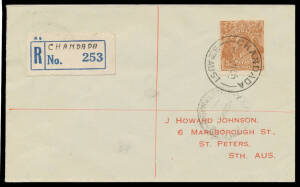 1935 Howard Johnson covers from 'CARPA' (B2), 'CHANDADA' (A1, provisional registration label), 'COOLCHA' (A2) & light 'CUNLIFFE' (B1, red/white label). All rated RRR. [John Bell's similar but non-registered covers sold at the Prestige auction of 14/11/201
