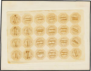 1853 Couriers 4d Plate II reprinted complete sheet of 24 (6x4) from the defaced plate in yellow-orange, 'Printed by H&C Best' and 'CW Coard Sc' imprints at the base. Ex Wise (1951).