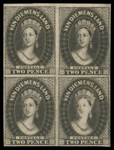 1855 Chalons Wmk Large Star 2d imperforate plate proof block of 4 in black on ungummed unwatermarked wove paper, margins close to good, ironed-out creases. Blocks are very scarce.