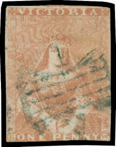 1850-57 Half-Lengths Thomas Ham Original State of the Dies (Very Little Colour above 'VICTORIA') 1d dull chocolate-brown SG 1b [8], characteristically tiny margins except at base where a little cut-into which is compensated for by an unusually large margi