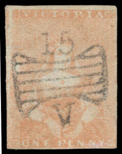 1850-57 Half-Lengths Second State of the Die (More Colour above 'VICTORIA')1d pale dull red-brown SG 5a, almost full margins - just shaved at right - with a fragment of the adjoining unit at left, neat Butterfly '15' cancel of Geelong, Cat &pound;450. Unusually
