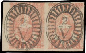 1850-57 Half-Lengths JS Campbell & Co 1d orange-red SG 23 marginal horizontal pair [13-14] from the left of the sheet, margins just clear to huge, two bold/superb strikes of Barred Oval '2' of Geelong, Cat &pound;280++. A beautiful & superb multiple. RPSofV Cer