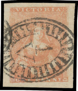 1850-57 Half-Lengths Campbell & Fergusson 1d dull red SG 26b, an unusually large example with railroad margins on all sides, Barred Oval '1' of Melbourne, Cat &pound;110. Superb!