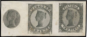 1857-63 Emblems essays by William Bell on a single piece of thin wove paper (70x29mm) with three die proofs in black adapted from the same Head but with two of them on a circular rather than oval field, the first of just the Head with the background too h