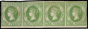 1857-63 Emblems 1857 Large Star 1d deep green SG 41a horizontal strip of 4, margins just touching - at left - to good, a bit soiled on the reverse & a few small defects but of generally very fine appearance, unused, Cat &pound;1100++. A very rare strip. Ex Ken 