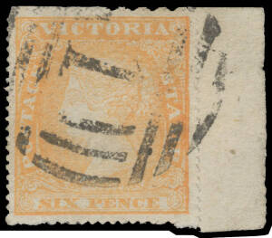 1857 Woodblocks Experimental Separations Compound Serrated 18-19 x Serpentine Roulette 10-10&frac12; at the Top 6d orange-yellow SG 61 marginal example from the right of the sheet, extraordinarilly well centred, BN '1' cancel of Melbourne, Cat &pound;600. Almost certa