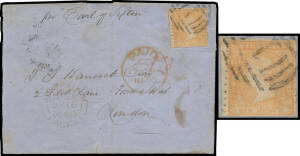 1857 Woodblocks Experimental Separations Pin-Perf Roulette about 10 6d dull orange [36], rouletted at left & right but cut from the sheet to preserve the design resulting in margins close - at the base - to large, minor soiling; tied to outer by Barred Nu
