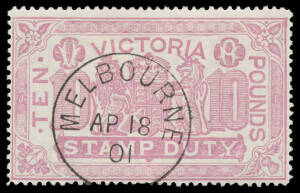 1884-96 Large Stamp Duty 3/- drab, 5/- rosine, 6/- apple-green, 10/- blue-green, 15/- brown, &pound;1 orange x2 (one on Yellow Paper), &pound;1/5/- pink, &pound;1/10/- pale olive, &pound;2 blue, 45/- mauve & &pound;10 lilac, all CTO with large-part o.g., Cat &pound;1240+ (without gum). Seve