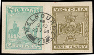 1900 Boer War Charity 1d & 2d SG 374-5, exceptional centring, tied to a single piece by contemporary Melbourne postal cds, Cat &pound;310. Postal usage (albeit philatelic) is much scarcer than mint or CTO examples.