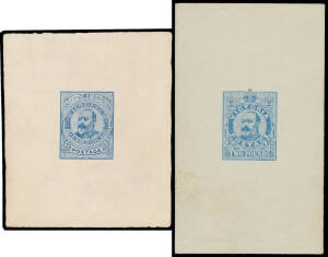 1901-10 V/Crown KEVII &pound;1 die proof Fourth State with White Line of Collar Strengthened BW #V125DP(4) in blue on thick wove paper (70x82mm); and &pound;2 die proof First State with the King's Beard Rounded at the Base BW #130DP(1) in blue on thin greenish wove p