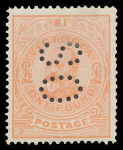 OFFICIALS: 1905-12 Crown/A Perf 12&frac12; &pound;1 salmon-pink perf 'OS' BW #V127Ab (SG 431), large-part o.g., undercatalogued at $600 (&pound;300 without perfin). Most examples of this and the next two lots are CTO from presentation/collector sets. Mint - and commercially