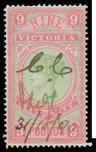 REVENUES: 1886-96 Fergusson & Mitchell &pound;5 to &pound;9 Bicolours, very fresh with none of the usual pinholes, neat manuscript cancels. (5)