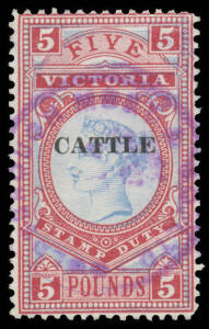 REVENUES: QV Long Type &pound;5 blue & maroon with 'CATTLE' Overprint (14x2&frac14;mm), circular cancellation in violet. Very few examples have been recorded.