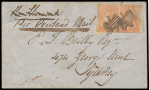 1850 (Nov 12) cover to Sydney endorsed "Per Shamrock" but crossed-out & amended in the same hand to "Per Overland Mail" with very rare franking of Ham 1d dull red SG 8a horizontal abnormal pair [5-28, the right-hand unit being substituted for 6] with almo