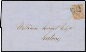 1851 entire letter to Geelong with a very fine example of Ham's Second State (More Colour above 'VICTORIA') 1d pale red-brown SG 5 tied - unusual for Half-Length covers - by very fine Butterfly '1' of Melbourne, 'MELBOURNE/ MY*7/1851/PORT PHILLIP' & Geelo