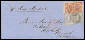 1857 double-rate mercantile cover to London "Per Simla & Overland" with Emblems 4d brown-vermilion SG 42a x2 (one an apparently enormous upper-left corner stamp, the other with 3 good to large margins) plus No Watermark 2d grey-lilac SG 45a x2 (both with 