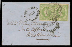1857 small local cover with Emblems Imperf 1d pair (margins good to large) tied by BN '3' of 'CASTLEMAINE' (oval b/s), two very fine strikes of the unframed-oval 'ADVERTISED/AND/UNCLAIMED' h/s. Delightful. [Many itinerant goldminers had their mail address
