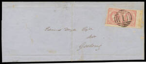 1857 internal cover with Emblems 4d dull rose SG 44 marginal horizontal corner (?) pair from the right of the sheet (margins good to huge except at upper-left where there is a small fault), superb "socked on the nose" BN '1' of Melbourne (b/s of AU18/1857