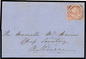 1858 internal cover with Emblems 4d rose-pink SG 65 irregularly separated single just tied to outer by BN '57', largely fine oval 'KYNETON/[crown]/1*MA/1858/VICTORIA' (1st March, not May) & Melbourne arrival b/s. This is a significant cover because it pro