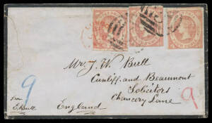 1858 double-rate mourning cover to England with Emblems 4d dull rose (oily ink) SG 67 three singles (one is superb) tied by BN '5' of Ballarat (b/s), Melbourne transit b/s & London arrival cds of JY19/58 in red on the face, repaired tear at left & a coupl