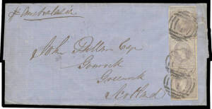 1858 outer to Scotland "pr Australasia" with Emblems 2d pale lilac SG 45 vertical pair (margins good to large except at left where a little shaved) & 2d grey-lilac SG 45a single (good even margins) tied by BN '1' of Melbourne (poor b/s), two different 'GR