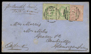 1858 cover to Wales "pr Monthly Mail/Collumbian" [sic] with Emblems 1d pale emerald SG 62 horizontal pair plus Rouletted 4d pale dull rose on Vertically Laid Paper SG 71 tied by BN '9' cancels of Beechworth (light b/s of AU-13/58), Melbourne & 'COWBRIDGE/