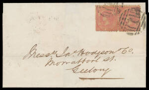 1859 double-rate cover with Emblems 4d rose-pink SG 85a pair, BN '1' of Melbourne & Geelong arrival backstamp.