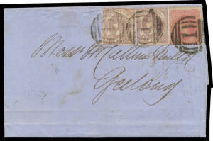 1860 double-rate mercantile entire to Geelong (b/s) with 2d brown-lilac Horizontally Laid Paper SG 69 x2 plus Beaded Oval 4d rose on Bordeaux Paper SG 89a, ironed-out folds that don't affect the stamps.