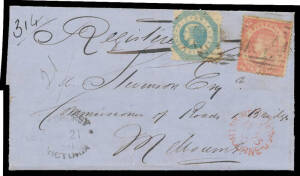 1860 part-entire endorsed "Registered" with Emblems 4d rose-pink SG 87 plus Perf 12 1/- Octagonal SG 81, poor BN '4' cancels & fair oval 'SANDHURST' d/s on the face, 'REGISTERED/MELBOURNE' arrival cds in red also on the face, the contents headed "Specimen