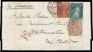 1860 duplicate entire to London "Via Marseilles" with Emblems 2d brown-lilac Horizontally Laid Paper SG 69 plus Perf 12 4d rose-pink SG 87 & Queen on Throne 6d blue, BN '2' & very fine 'M' (signifying carriage via Marseilles) of Geelong (b/s of AP-16/60) 