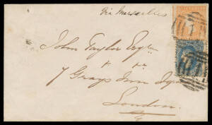 1860 (Dec 26) cover to London "Via Marseilles" with scarce franking of Woodblocks Rouletted 6d orange SG 53a & Beaded Ovals 3d blue SG 88 tied by BN '1' of Melbourne (b/s), London arrival b/s of FE12/61 in red. Carried per "Jeddo", departed Melbourne 26/1