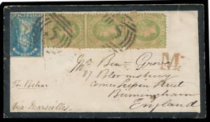 1861 mourning cover to England "Per Behar/Via Marseilles" with Emblems 1d yellow-green SG 98/a vertical strip of 3 plus Queen on Throne Rouletted 6d blue SG 73 BN '5' & tiny 'BALLARAT/JA25/61/VICTORIA' b/s plus similar Geelong & Melbourne transit b/s, 'M'