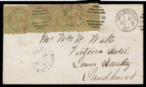 1861 cover to "Victoria Hotel/Lower Huntley" with Emblems 1d yellow-green SG 98/a single & horizontal strip of 3 with Pre-Printing Paper Crease tied by very fine Melbourne duplex, superb oval 'SANDHURST' transit b/s & largely fine strike of the rare oval 