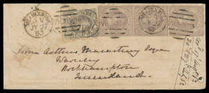 1863 Macartney Correspondence double-rate cover to Queensland with Emblems 2d dull reddish lilac SG 101 vertical strip of 3 & Redrawn 6d grey-black SG 107b tied by Melbourne duplex, light 'ROCKHAMPTON' arrival b/s, a couple of minor defects & light overal