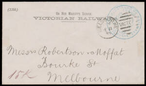 1885 OHMS cover with 'VICTORIAN RAILWAYS' heading locally used with 'COMMISSIONER OF RAILWAYS' Frank h/s in blue.