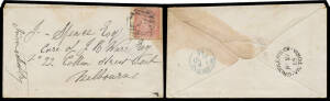 BARRED NUMERALS: '307' of 'GROWLERS CK' (superb b/s of JU27/65; LRD) poor but discernible (inverted) strike on Laureates 4d on stained cover. Rated RRRR. PO 1/8/1860; renamed Wandiligong 25/1/1875. [Goldmining: 6km SSE of Bright. The addressee "JB Ware" w