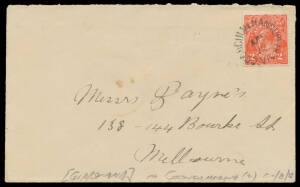 Coongulmerang Upper: unframed 'COONGULMERANG UPPER/AP5/22/VIC' very fine strike on KGV 2d scarlet on cover to Melbourne. PO 18/10/1880; renamed Coongulmerang (2) c.-/8/1922. [Gippsland: 21km WNW of Bairnsdale]