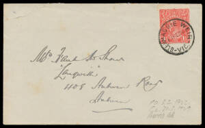 Glenmaggie Weir: 'GLENMAGGIE WEIR/11FE26/VIC.' very fine strike on KGV 1&frac12;d red on cover. Rated RR. RO 8/9/1920; PO 3/2/1922; closed 31/3/1929. [Gippsland: 5km E of Glenmaggie]